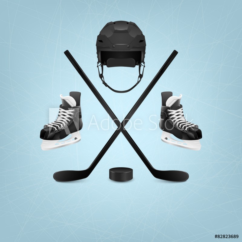Afbeeldingen van Ice hockey helmet puck sticks and skates